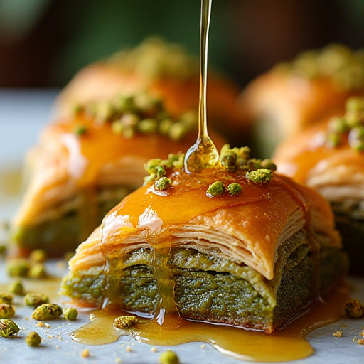 Freshly made baklava with honey drizzle and pistachios closeup
