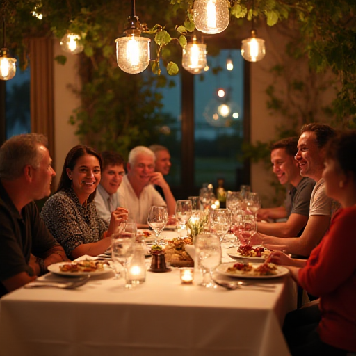 Happy customers enjoying dinner at a beautifully set Mediterranean table