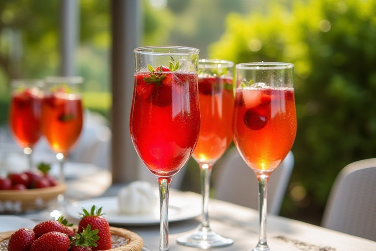 Mediterranean sangria with fresh fruit in elegant glasses on an outdoor restaurant table