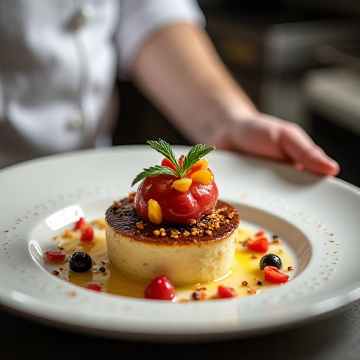 Chef plating a beautiful Mediterranean dessert in a professional kitchen
