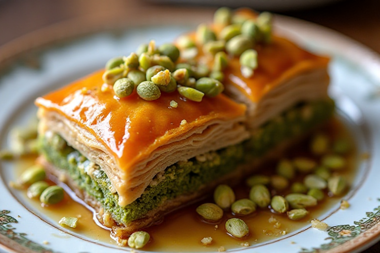Elegant honey-drizzled baklava with pistachios on a traditional Mediterranean plate