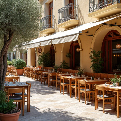 Outdoor restaurant seating area with Mediterranean decor and olive trees