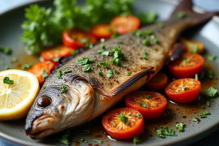 Freshly grilled whole branzino fish with lemon, herbs, and roasted vegetables