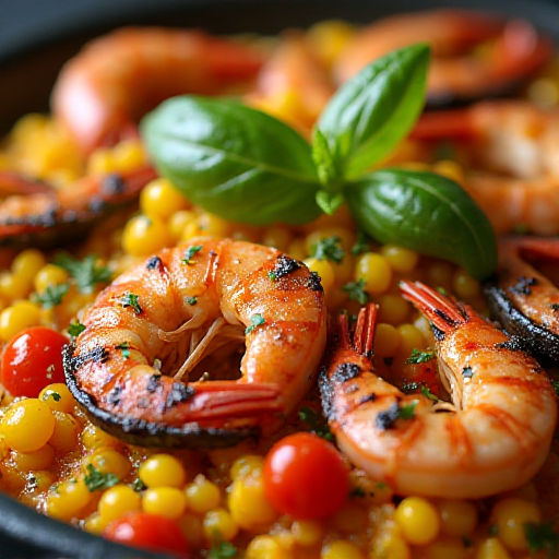 Close-up of Mediterranean seafood paella with vibrant colors and garnish
